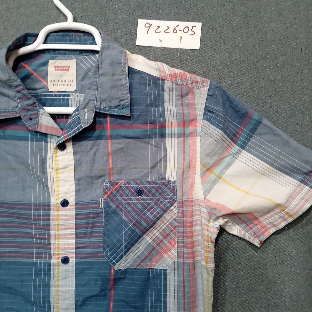 Levis vintage Mens Large Blue Red Plaid Short Sleeve Button Down Shirt Pocket